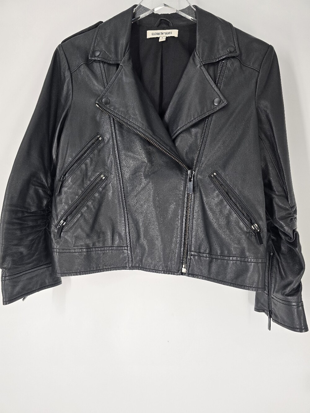Elizabeth & James Black 100% Lamb Leather Crop Jacket Ruched Sleeves Zips Size L